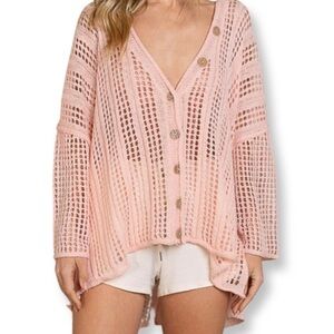 POL open knit oversized cardigan sweater top sz M L light salmon pink